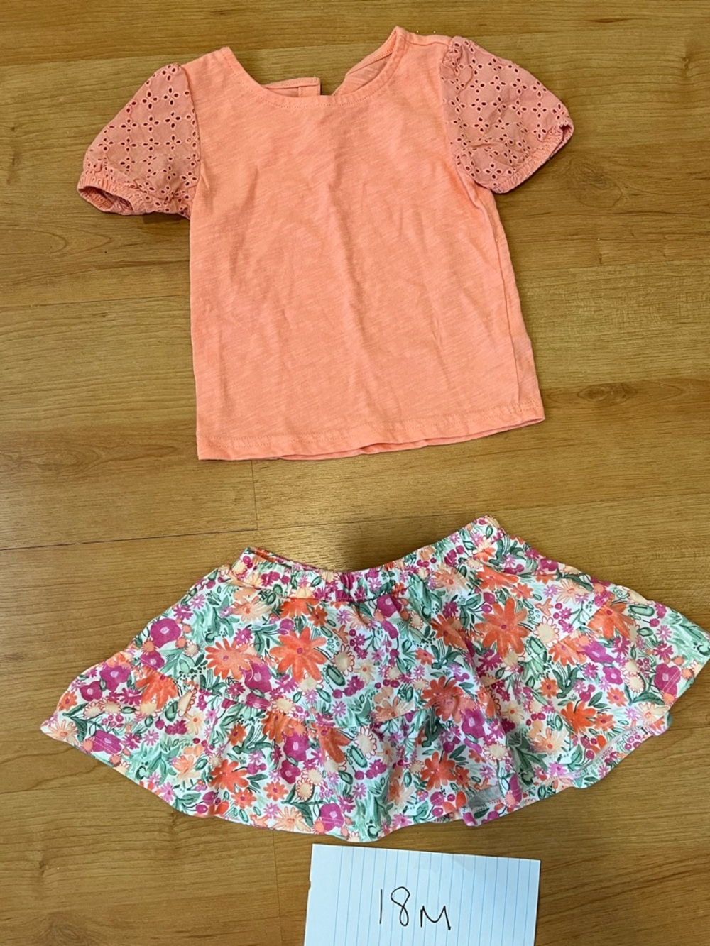 Coral Eyelet Sleeve Top & Floral Skirt Set - 18M